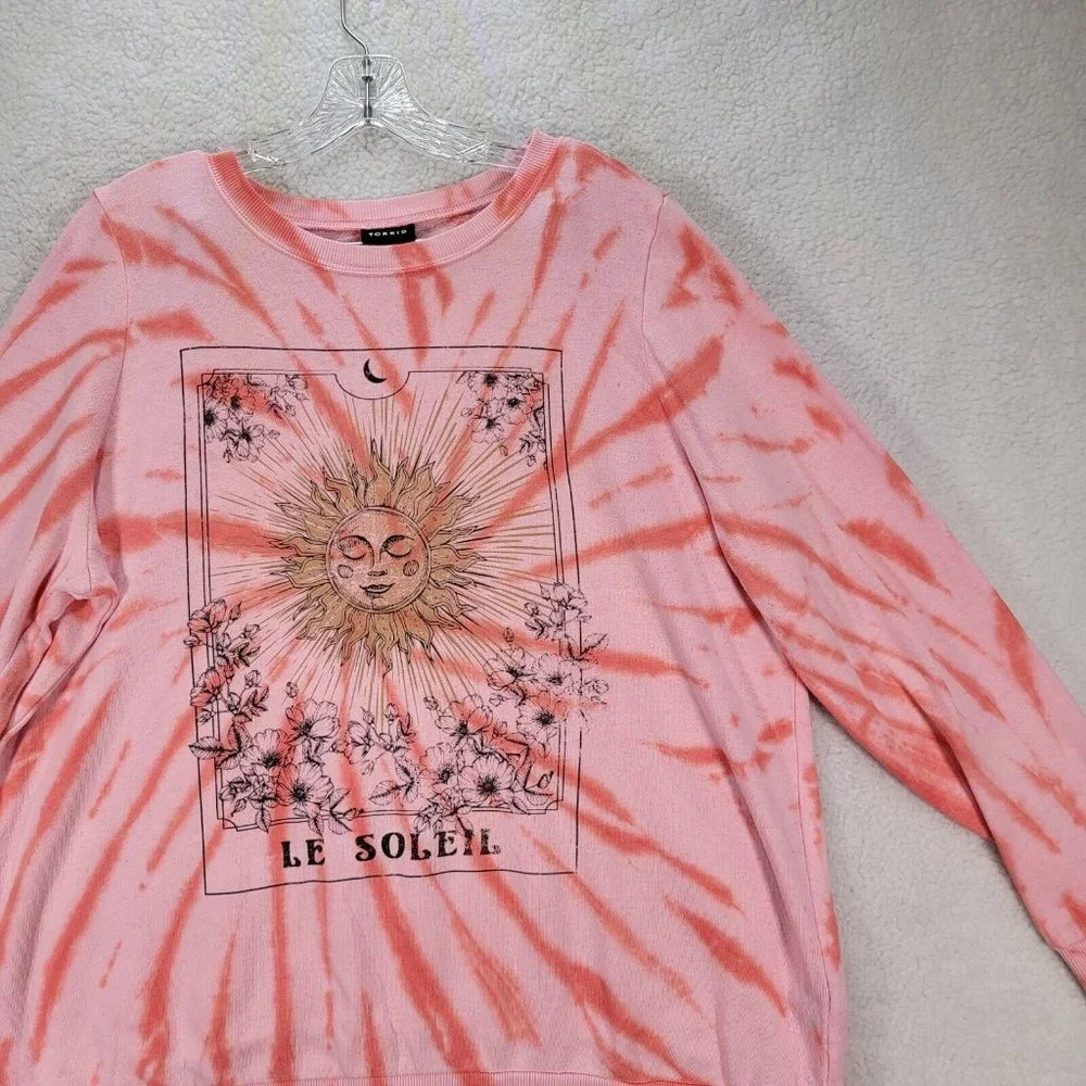 Torrid Pink Tie Dye Le Soleil Sun Moon Classic Round Neck Comfy Pullover Sweater - Picture 3 of 13